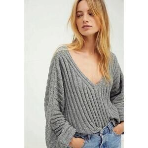 Free People Streetscape Oversized Sleeves Pullover Sweater Sz S Grey Ribbed